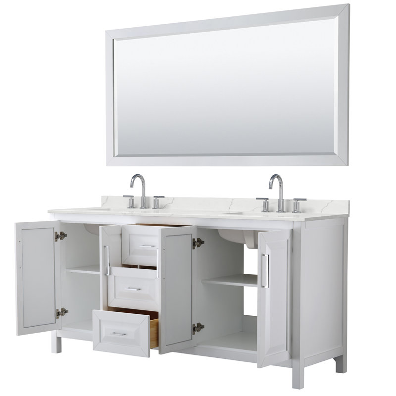 Meuble-lavabo double 72 po avec plateau en quartz et miroir Daria, Quartz Giotto, Blanc, Chrome poli