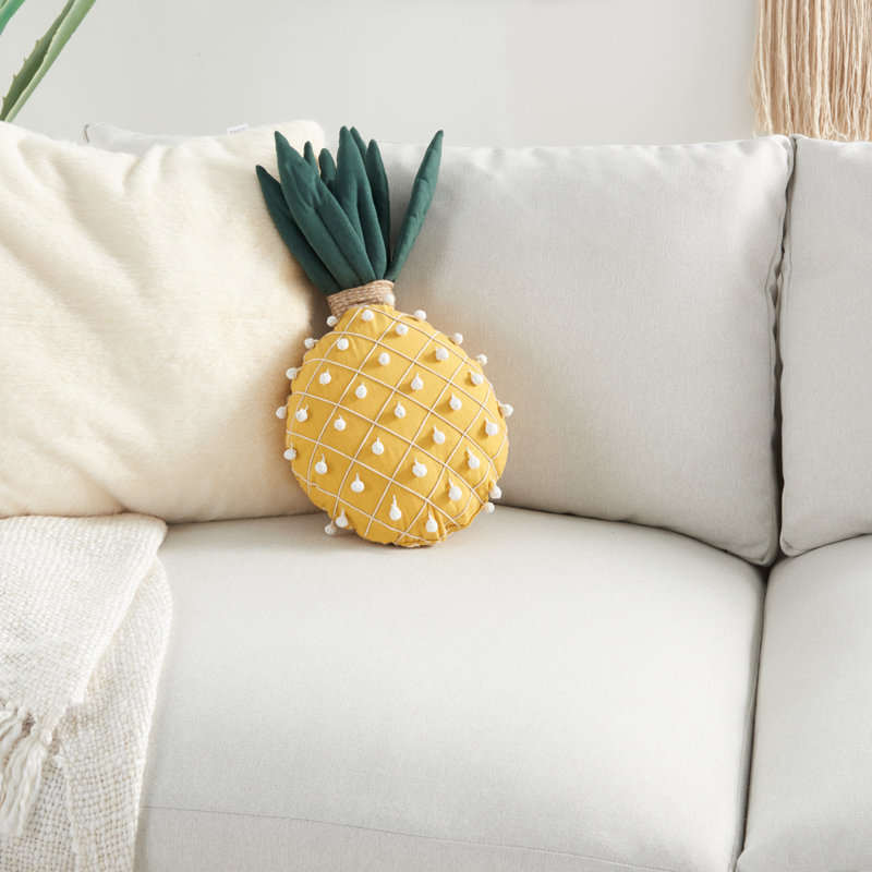 Yellow Cotton Pineapple Embroidered Throw Pillow 20x12"