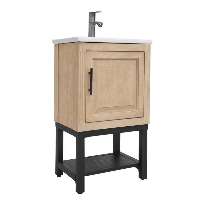 Armoire de salle de bain autoportante de 20 po avec lavabo en céramique blanche, robinet à surface lisse, 1 porte, tablette ouverte et cadre oxydé pour un petit lavabo sans couture polyvalent, aluminium mat de haute qualité
