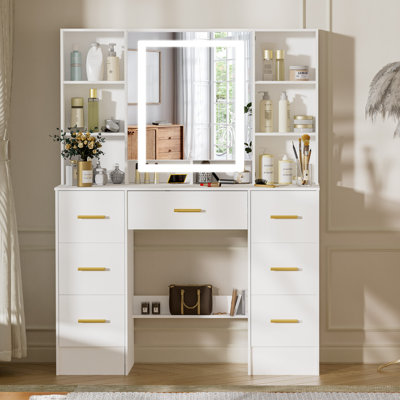 Coiffeuse blanche avec miroir et bureau de maquillage avec tiroirs et tablettes de rangement