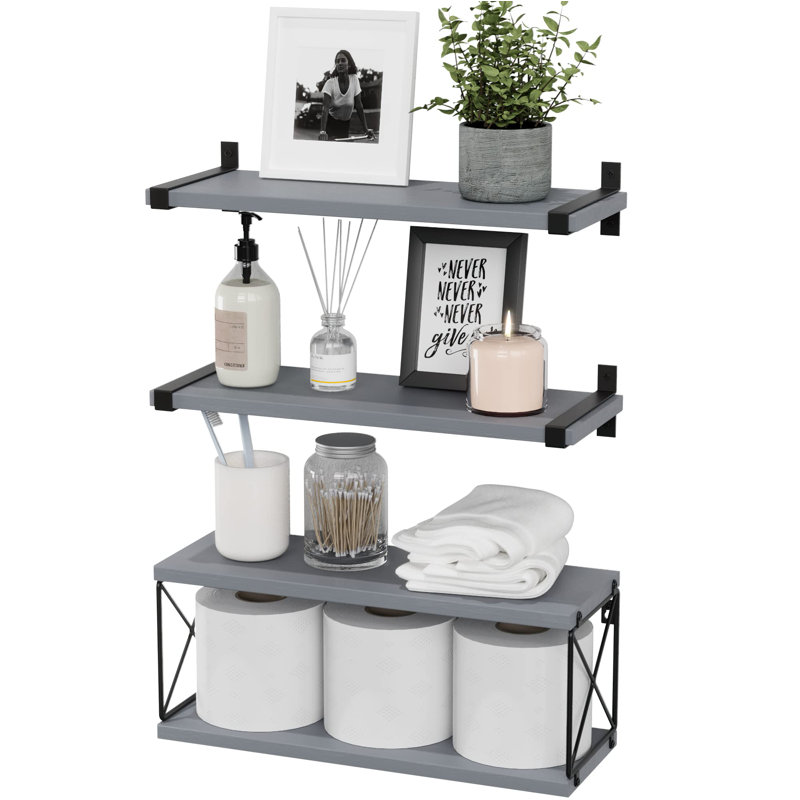 3 Piece Pine Floating Shelf, Gray