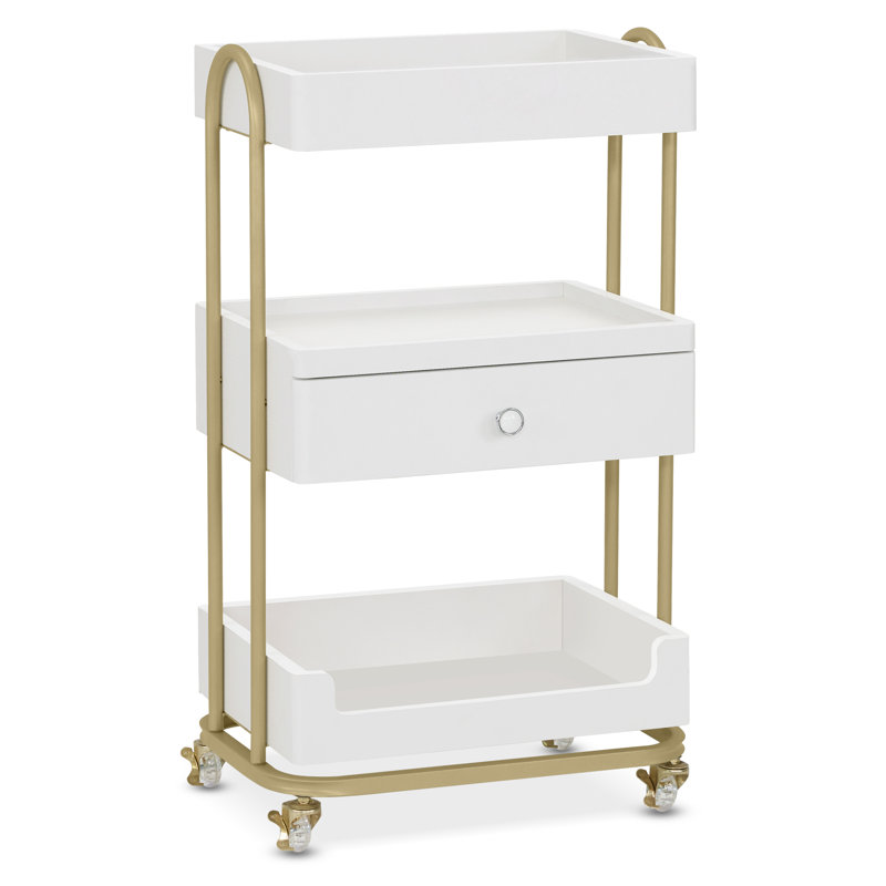 Utility Trolley with Wheels and Drawer, Stylist Rolling Storage Cart, White/Gold