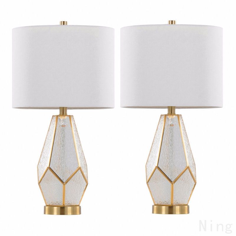 Glass 25" Table Lamp In Gold Metal And White Glass With White Linen Shade - Set Of 2, Gold/White
