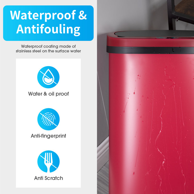 Red Brushed Plastic Touchless Rectangular Kitchen Trash Can