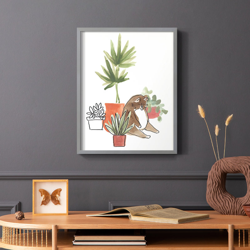 Purrfect Plants II Framed Print - Solid Wood, Gray, 10" H x 8" W