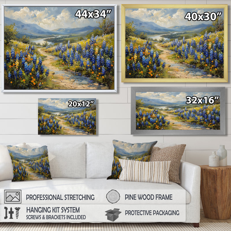 Décoration de prairie bleue et bleue - Bonnets bleus VI, H 34 po x l 44 po x P 1,5 po, Toile tendue