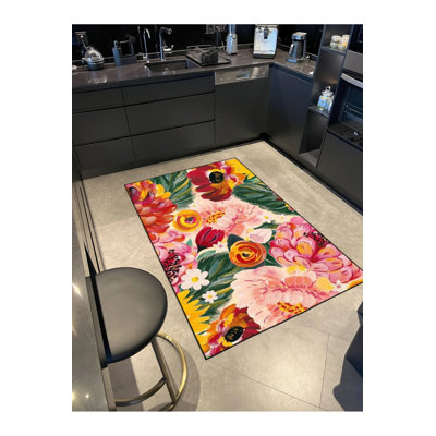 Pink Floral Woven Base Washable Carpet