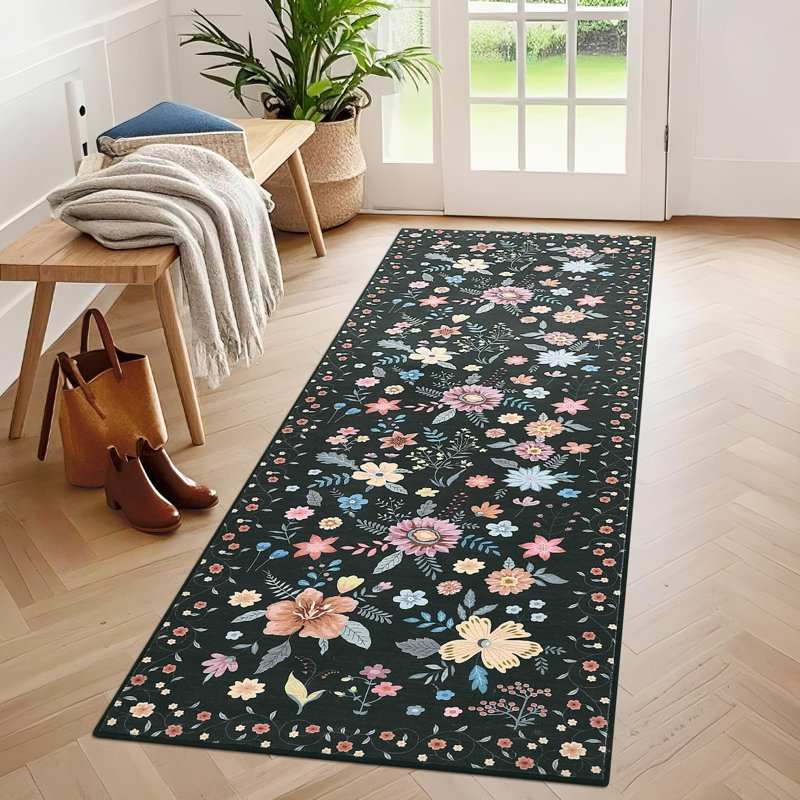 Runner Rug 2x6 Kitchen Runner Floral Rug Runners for Hallway Bedroom Flower Carpet Non Slip Backing Black, Runner 2' x 6'