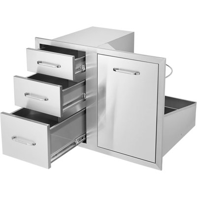 Outdoor Kitchen Stainless Steel Drawer 30" x 23" x 22" Built-in Triple Drawers and Side Storage Door Frosted Rust-Resistant Cabinet for BBQ Island Patio Backyard Garden Integrated Grilling Station