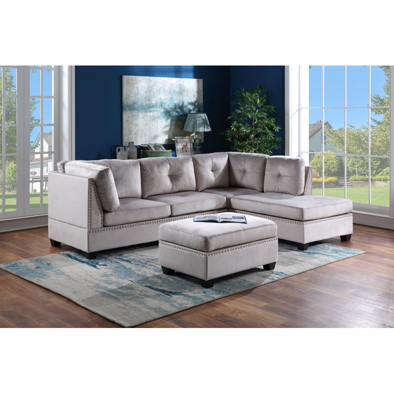 Canapé modulaire avec repose-pieds Robinne, Velvet argent