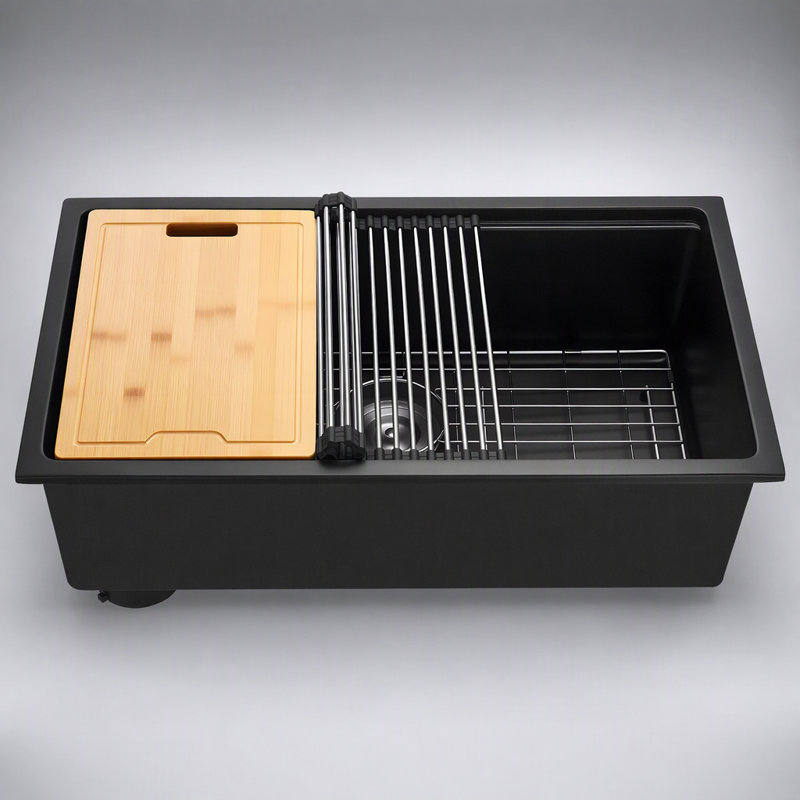 Évier de cuisine encastré à une cuve en composite de granit durable avec rebord de travail intégré et accessoires