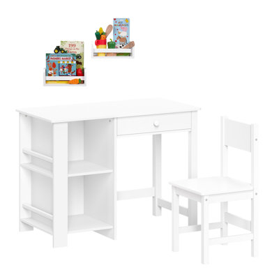 RiverRidge Kids Desk and Chair Playroom Set with 2 Art Storage Cubbies, 2 Side Bookshelves, and 2 10" Floating Bookshelves- White