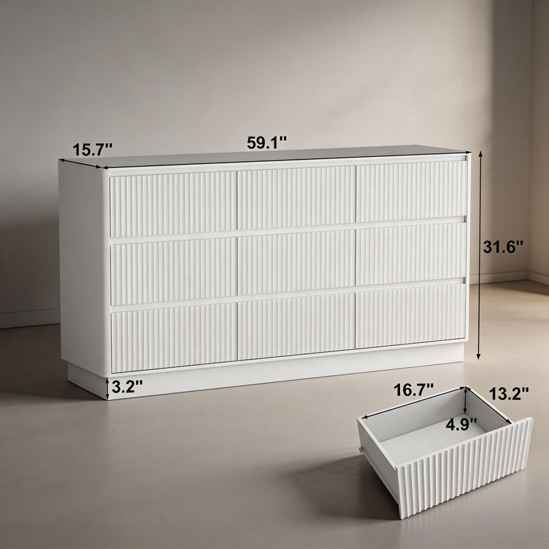 Spacieuse commode de chambre à 9 tiroirs avec tiroirs surdimensionnés, commode en bois, grande commode autoportante, console de télévision moderne Mid-Century et armoire de rangement latérale, disponible en blanc et noir