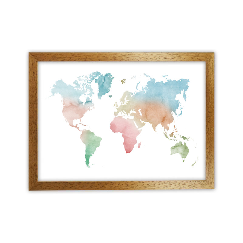 Watercolour World Map - Pastels - Print, 25cm H x 34cm W x 3cm D, Brown Framed