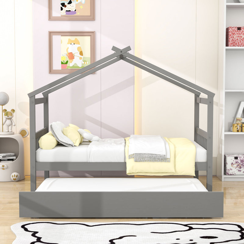 Wood House Bed With Pull-Out Twin Trundle, Gray, Twin