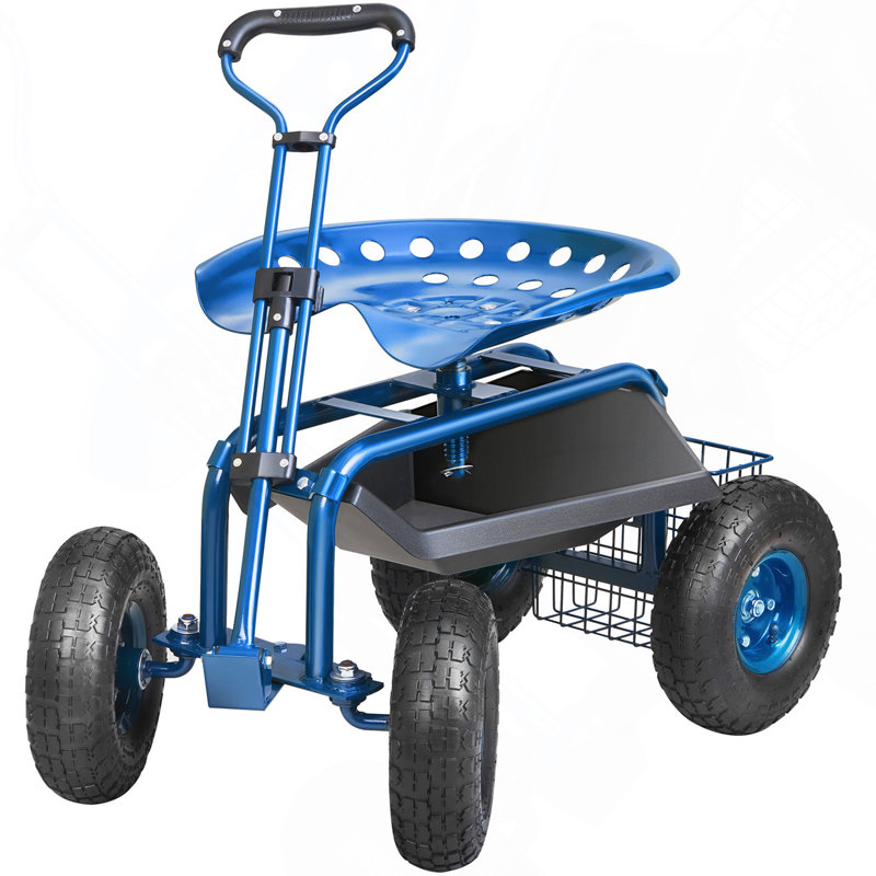 Tabouret de jardin roulant avec roulettes et poignée de direction, pivotant à 360°, avec plateau porte-outils pour le jardinage et les travaux extérieurs, bleu
