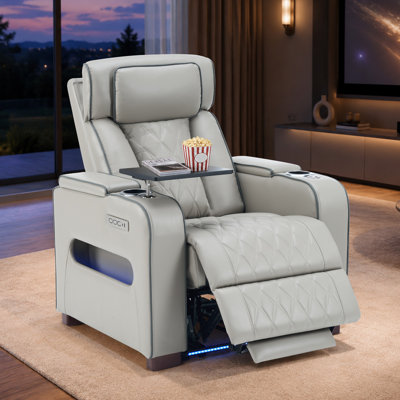 Siège de cinéma maison avec appuis-tête réglables, canapé inclinable électrique en cuir avec charge USB et Type-C, éclairage ambiant à DEL, porte-gobelets et rangement - Cuir d'unité centrale