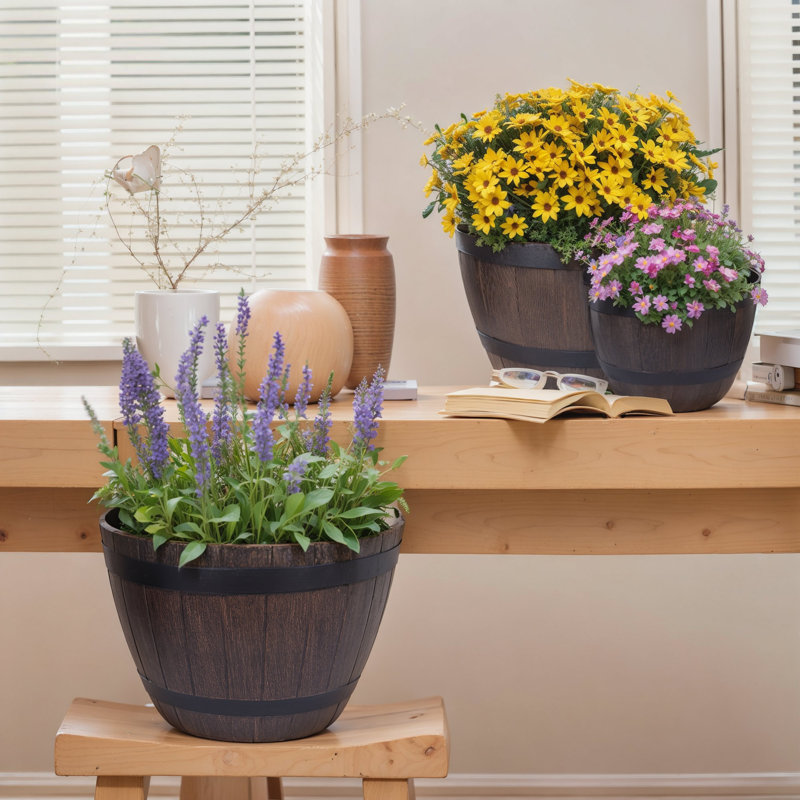 Genard 3 Pack Plastic Barrel Planter 9" & 11.8" & 12.8" Plant Pots Whiskey Barrel Planters Pots With Drainage Holes & Saucer Tray for Indoor & Outdoor Garden Home Plants