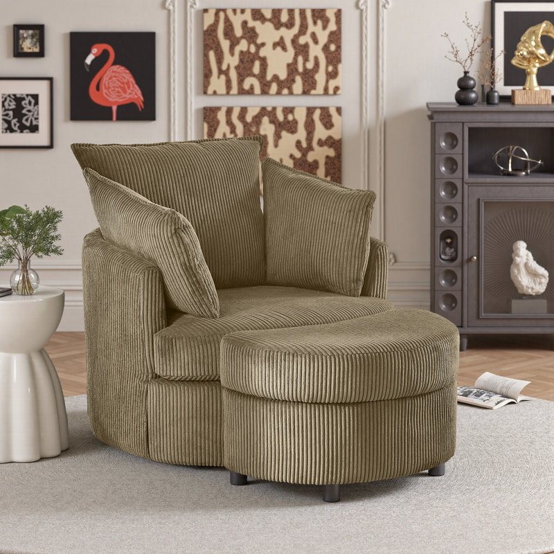 Swivel Accent Chair Round Barrel Armchair Upholstered Living Room Chair Corduroy Reading Chair Single Sofa Chair For Bedroom Apartment Office
