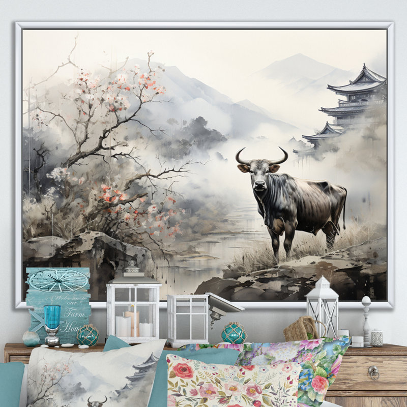 «Asian Art Cow Sumi» - reproduction d'art, H 24 po x l 32 po x P 1 po, Cadre flottant blanc