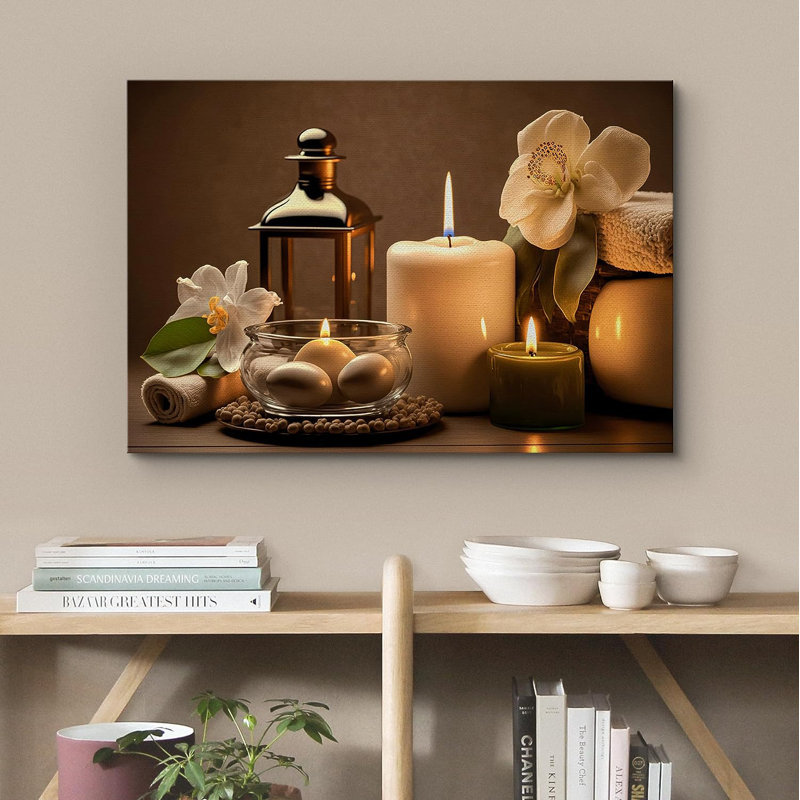 Spa Candle White Amaryllis Flower Nature Wilderness - Wrapped Canvas Photograph, 12" H x 18" W x 1.5" D