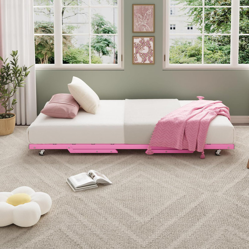 Structure de lit gigogne simple, lit de jour gigogne avec roulettes verrouillables, plateforme en métal pliable, rose