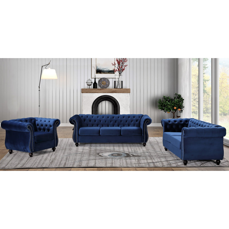 Ensemble de salon en velours 3 pièces Angulo, Bleu foncé