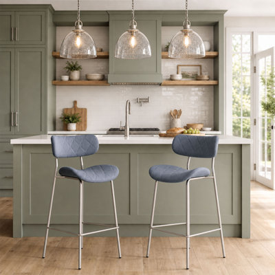 Tabouret de bar 30 po Mina en tissu de velours bleu acier et base en acier inoxydable brossé Mina