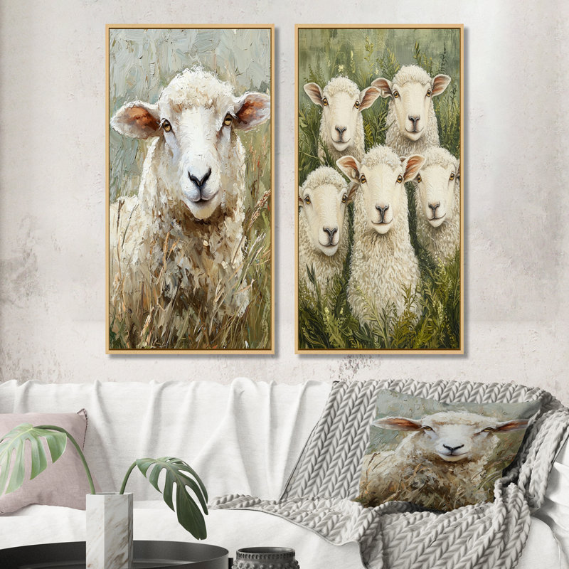 «Flock At Rest Sheep Portrait In The Grass I», art mural 2 panneaux, H 32 po x l 33 po, Cadre crème crème