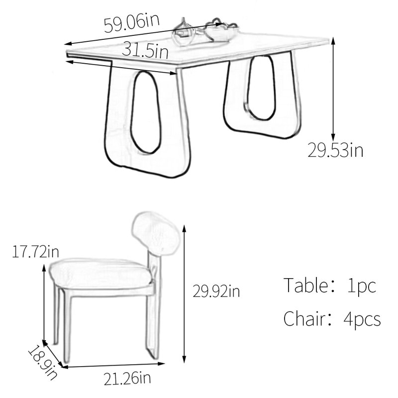Ensemble de table de salle à manger unique en pierre frittée, H 29,53 po x L 59,06 po x l 31,5 po