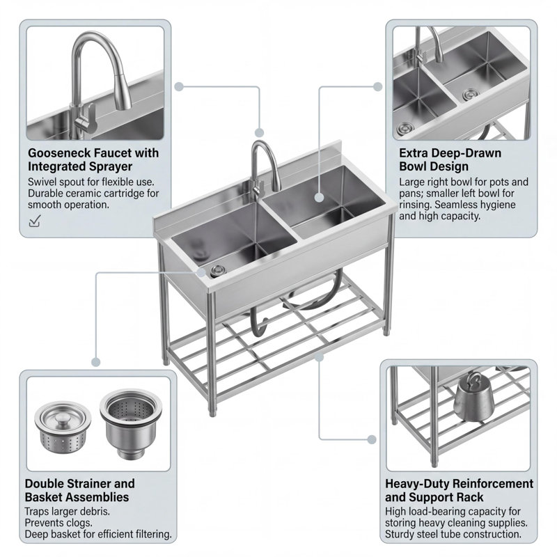 Bassin utilitaire autoportant en acier inoxydable, cuve unique extra large, robinet extractible en laiton, bassin profond pour usage commercial (restaurants, buanderies), grande capacité pour la cuisine, le garage, l'atelier, le lavage des animaux.