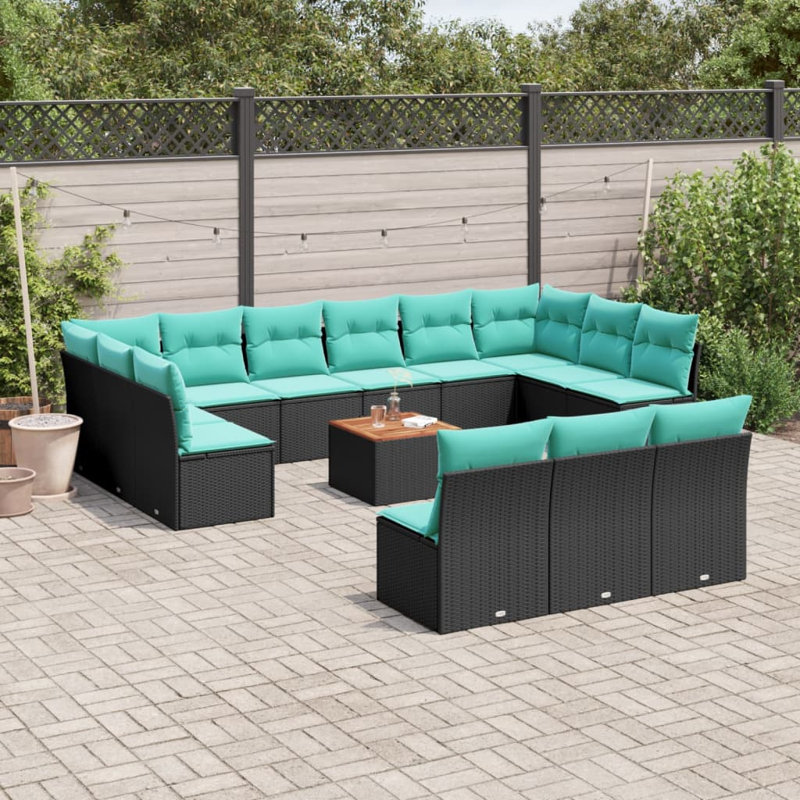  Ensemble de canapé de patio 14 pièces avec coussins en rotin de polyester noir