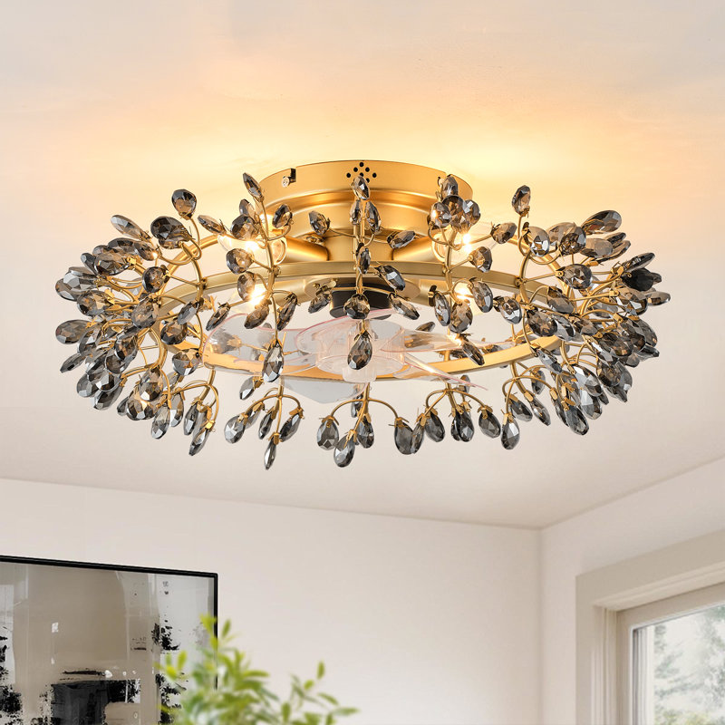22.8" Crystal Caged Ceiling Fan With Light Kit And Remote Control, Gold with Gray Cryatals