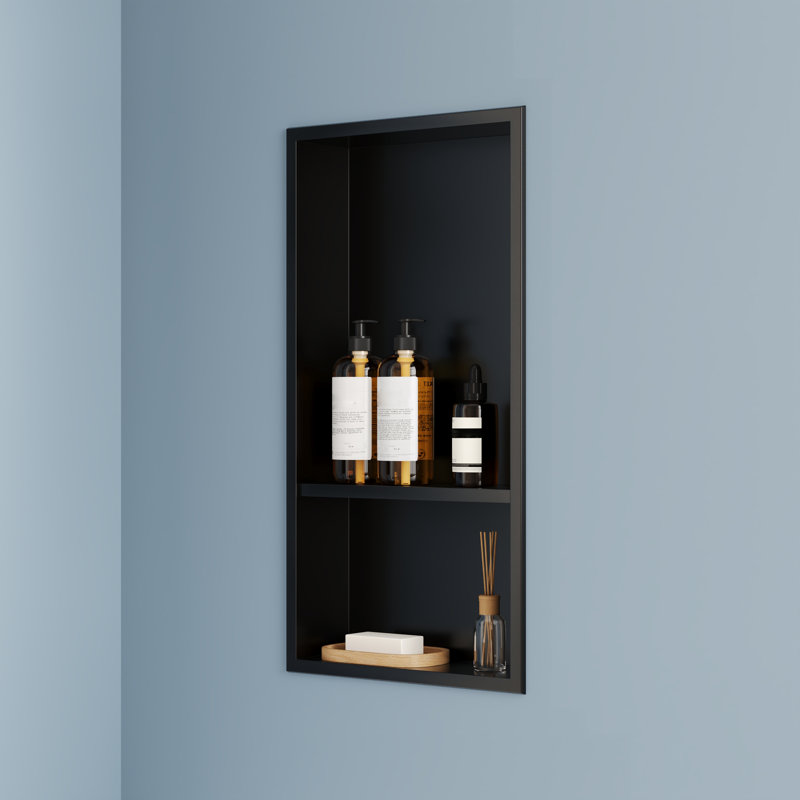 13" W x 25" H Double Shower Niche, No Tile Required with Drainage Slope, Matte Black Recessed Shelf