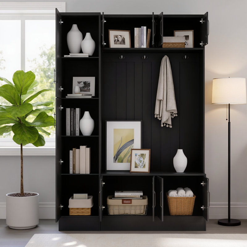 79.13-Inch Modern Four-In-One Entryway Shoe Cabinet With Storage Compartments, Hooks, Adjustable Shelves, And Universal Design For Entryways. Black.