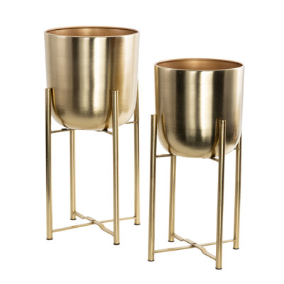 CosmoLiving by Cosmopolitan 2-Piece Metal Dome Gold Plant Stands Indoor Outdoor Planter with Removable Stand Set