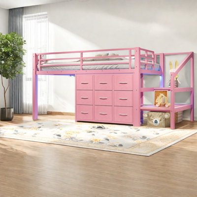 Lits mezzanine jumeaux gain de place avec rangement, métal rose, MDF, chambre d'enfant moderne