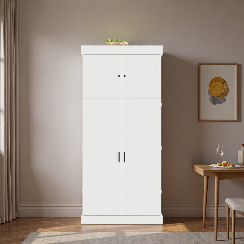 Grand garde-manger autoportant avec tablettes réglables, tablettes de porte, tiroirs et porte-bouteilles, Blanc