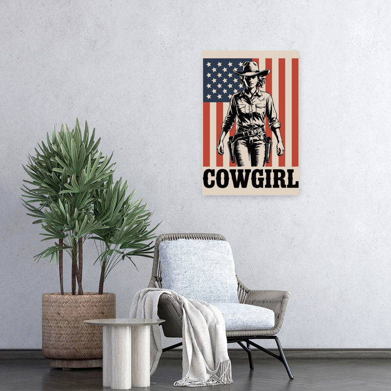 «Cowgirl», drapeau américain, rétro, paysage rétro, art mural, H 24 po x l 16 po