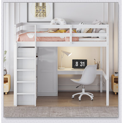 Wood Loft Bed With Built-In Wardrobe, Desk, Storage Shelves And Drawers
