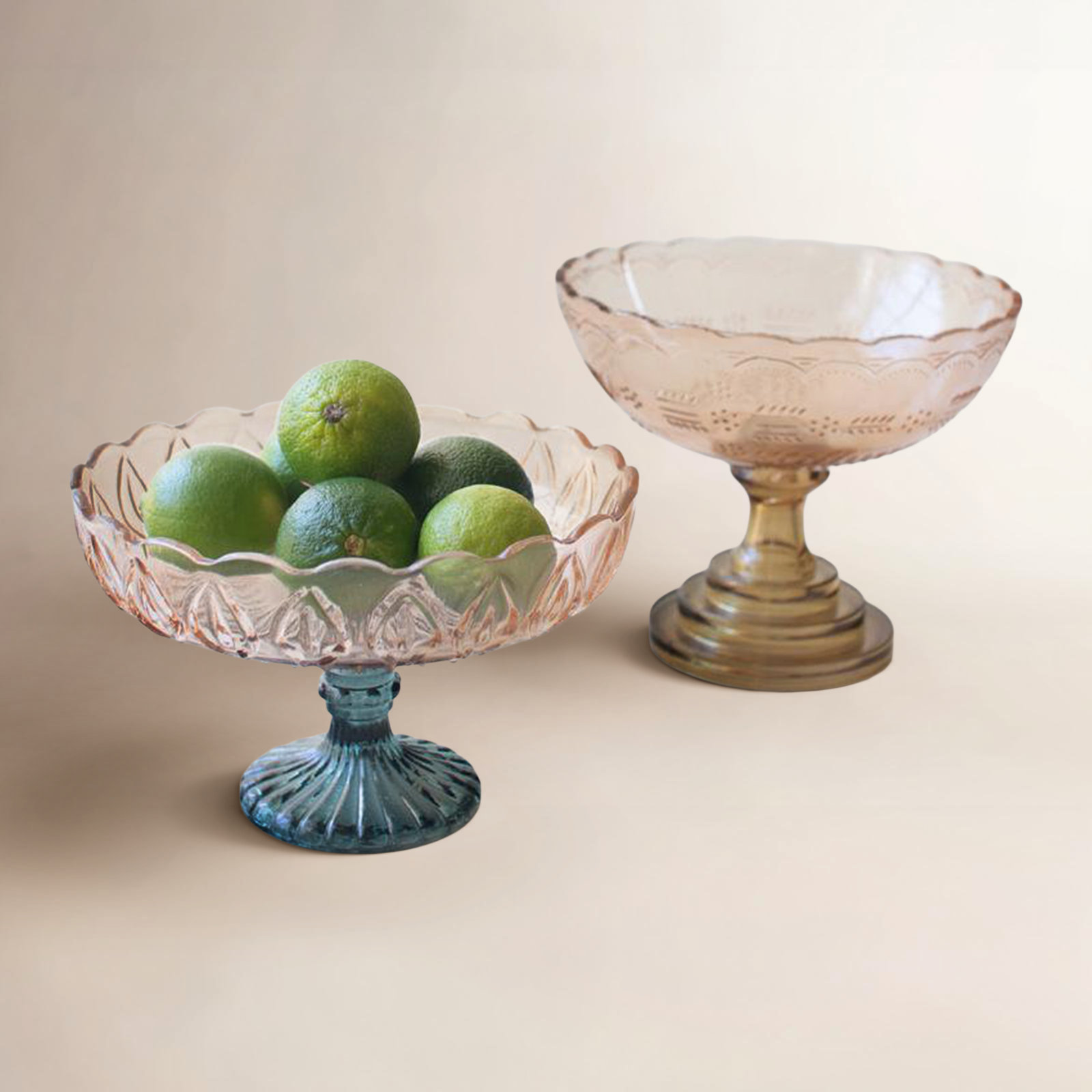 SET OF TWO GLASS COMPOTES - ONE EACH DESIGN