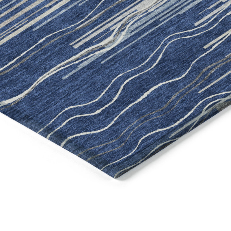 5' X 8' Navy Blue Striped Washable Indoor Outdoor Area Rug