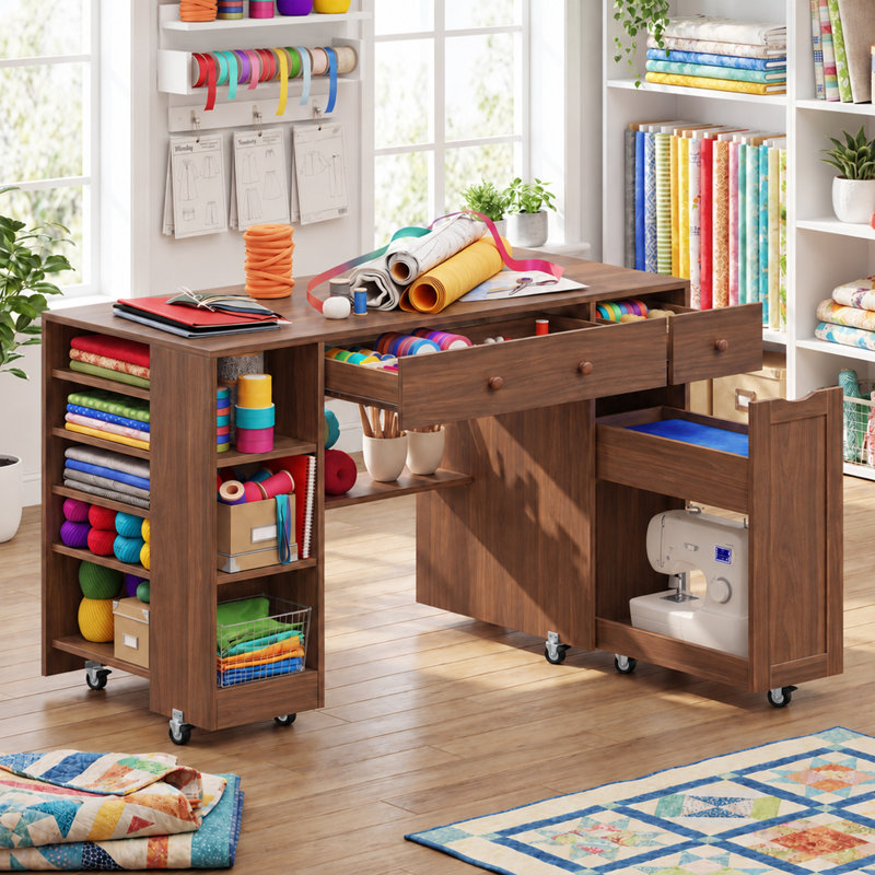 53″W Pull-Out Sewing Craft Table with Storage,Mobile Sewing Machine Desk with Drawers & Adjustable Cabinet, Walnut