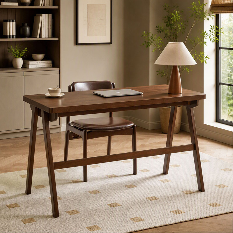 47" Solid Rubber Wood Computer Desk, Extra Thick 1.38" Top, Retro Walnut, A-Frame Leg