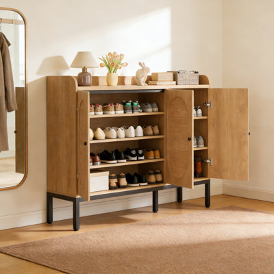 Woven Rattan Shoe Cabinet With 3 Flip-Down Doors – 8-Tier Freestanding Storage With Adjustable Shelves In Natural Oak