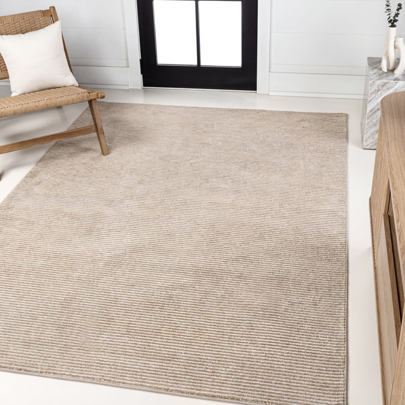 Wolcott Modern Minimalist Pinstripe High-Low White/Gold Rug, Rectangle 7'9" x 10'
