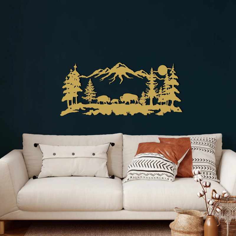 Rustic Landscape & Nature Wall Decor on Metal, 44cm H x 100cm W x 2cm D, Gold