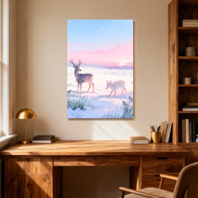 Animaux, chevreuil et fauve dans un paysage d'hiver au coucher du soleil
