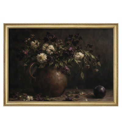 Moody Vintage Floral Arrangement in Dark Vase for Living Room Bedroom Framed Wall Art 26"x36"