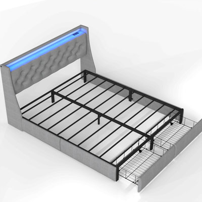 Queen Metal Platform Bed Frame, Tufted Linen Headboard With 2 Foot Drawers, Remote Rgb Led, Usb Type-C Ac Charging Station, 800Lbs Noise Free Slat Support